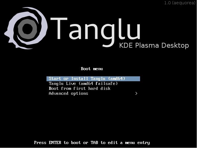 Tanglu 1.0, Boot menu